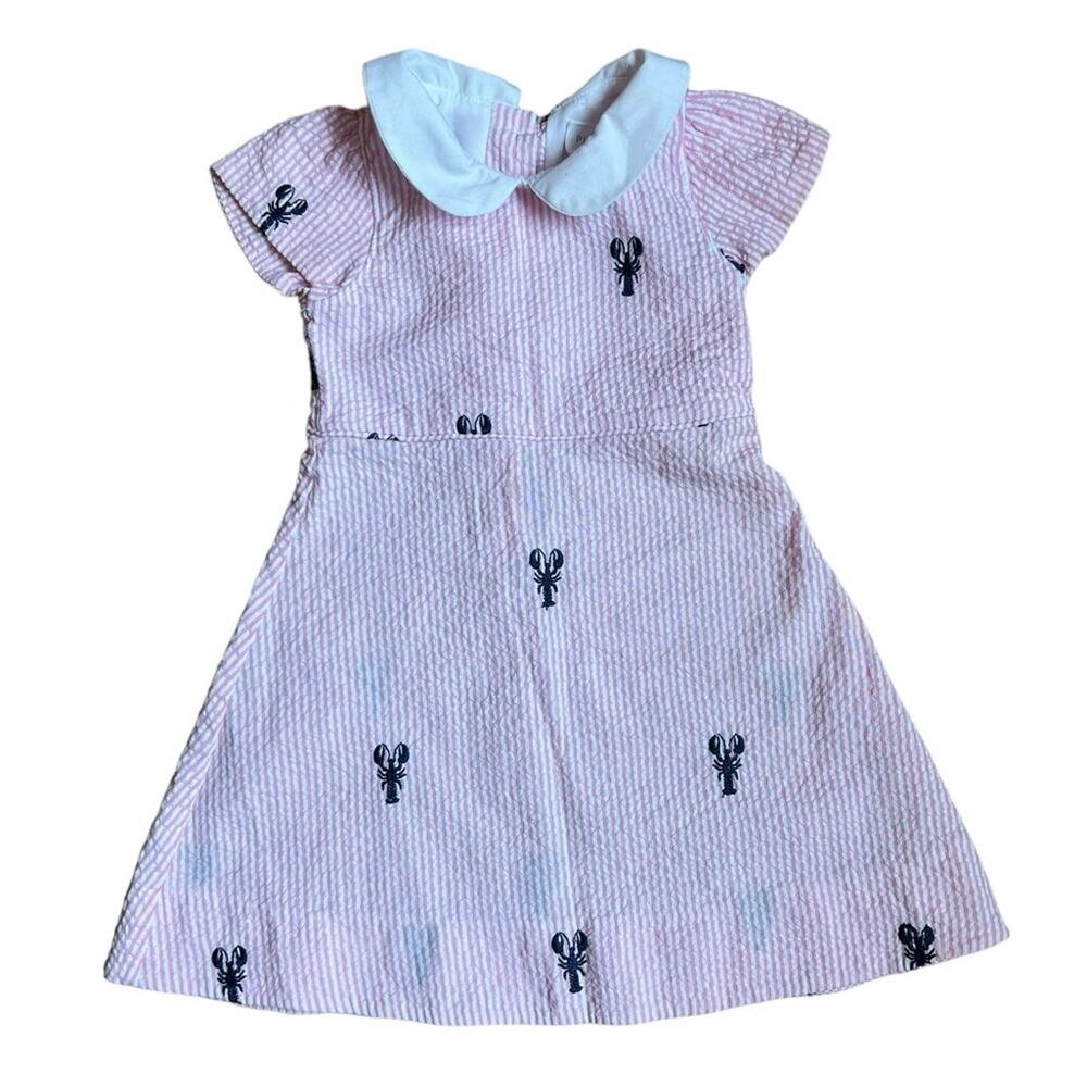 PIPING PRINTS Pink Dress Navy Embroidered Lobsters Peter Pan Collar SZ 18-24M
